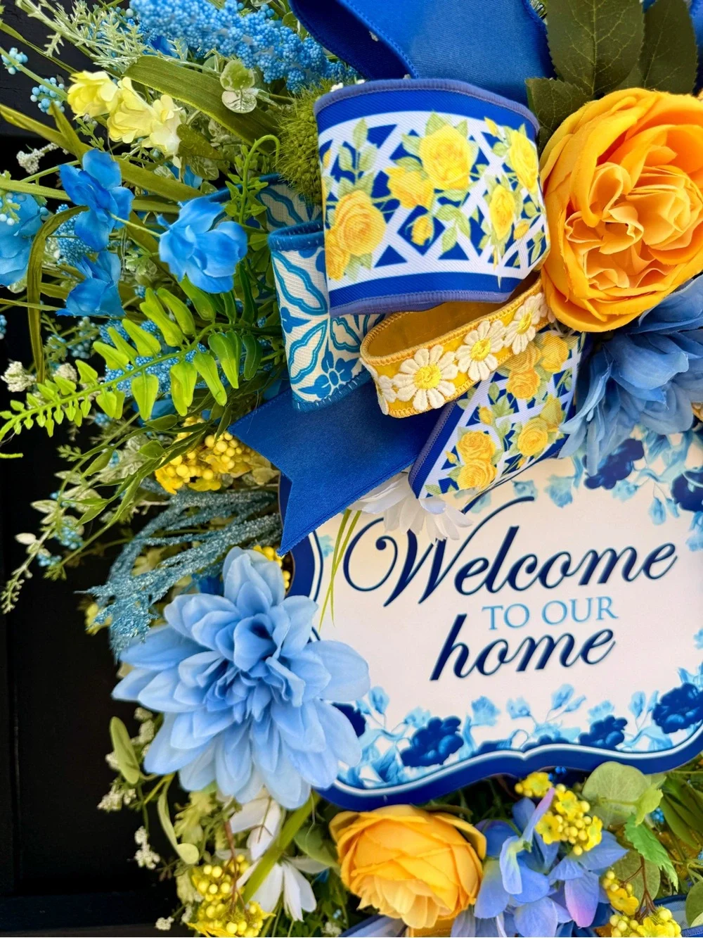 Hand Crafted Blue and Yellow Welcome Home Door Wreath